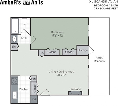 Floor plan for 1 bed, 1 bath, 718 sqft